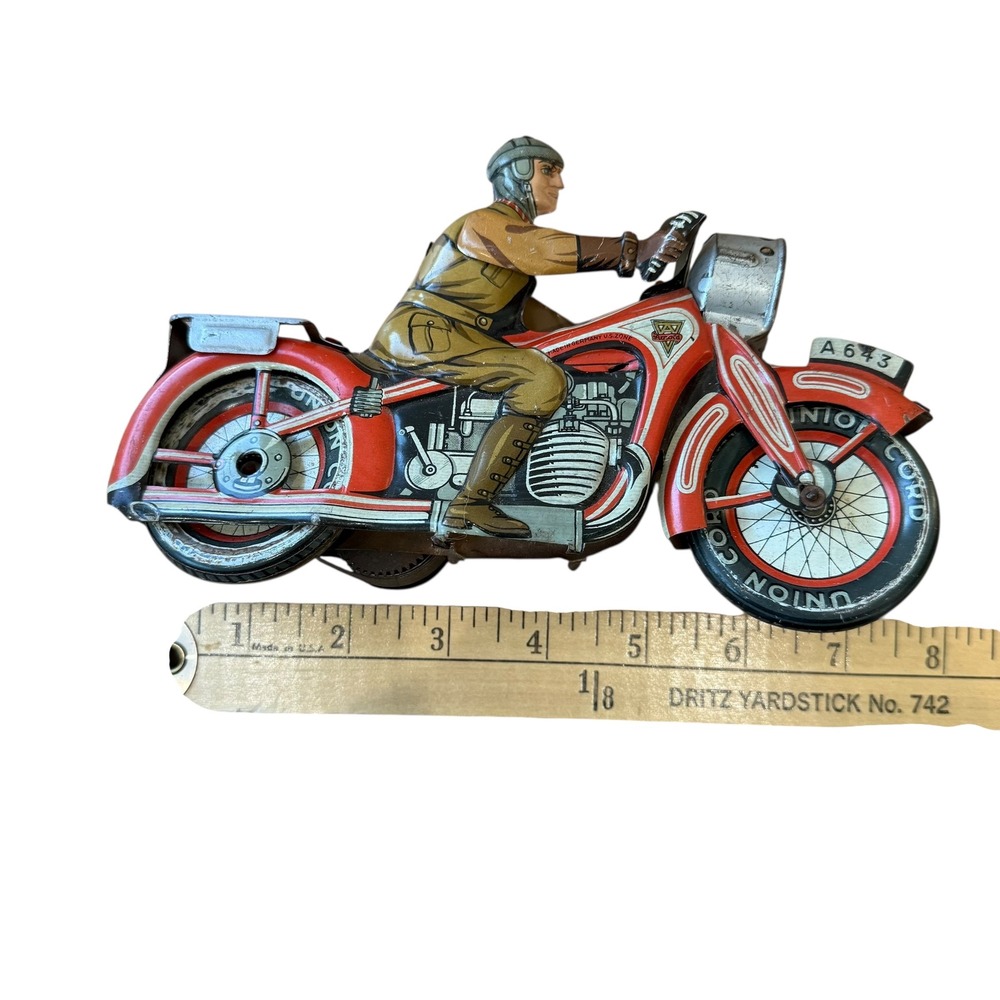 Vintage Arnold A643 Model Tin Toy Motorcycle with Rider Union Cord A643 GF207 - Picture 13 of 16
